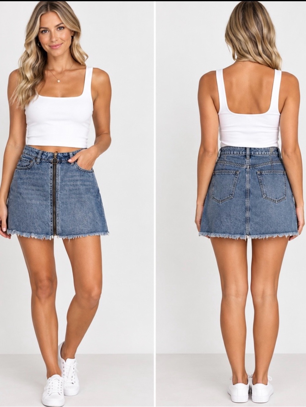 We The Free We People Zip It Up Denim Mini Skirt Size 26 Blue Frayed Hem O Ring